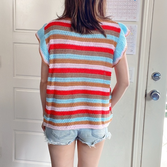 Vibrant Color Block Stripes ruffle Sleeve Blouse - Picture 6 of 7